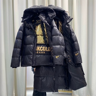 黑金长款网红明星同款新款连帽情侣款加厚时尚保暖羽绒服外套过膝