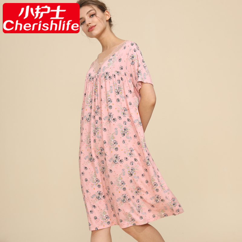小护士夏季薄款睡裙女性感蕾丝花边短袖家居服宽松大码睡衣长裙子