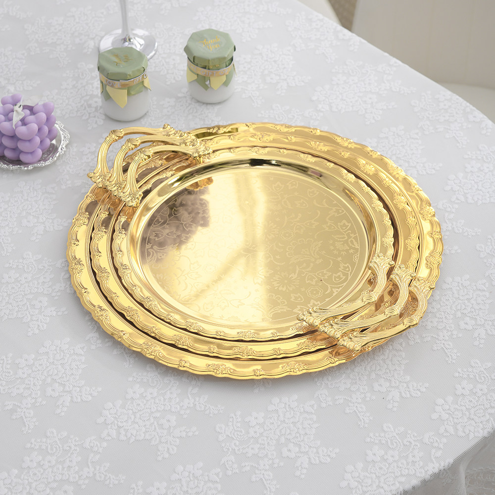 轻奢腾花纹圆形金色托盘餐厅端菜盘自助餐酒店甜点水果收纳盘,餐饮具,餐用托盘,淘宝优惠券,粉丝福利购,淘宝优惠卷