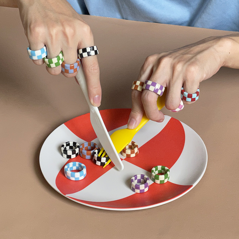 棋盘格Monote女软陶复古风戒指