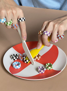 Monote小众ins棋盘格软陶戒指轻巧百搭撞色格子日常首饰指环礼物