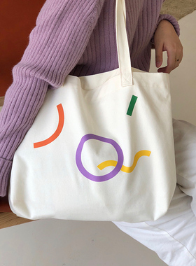 Monote全棉彩色帆布包抽象线条图案单肩大容量ins手提袋托特包