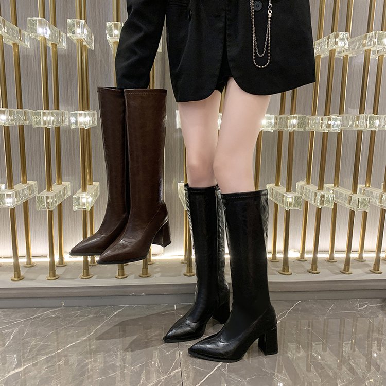棕色长靴女骑士靴复古高跟中筒靴