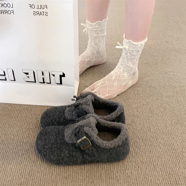 2025春季新款一脚蹬平底2025年冬季橡胶人造短毛绒PU单