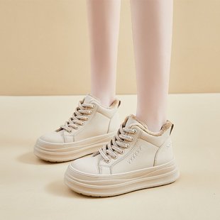 加绒高帮鞋女款2025新款冬季保暖运动棉鞋厚底板鞋真皮防水鞋子女