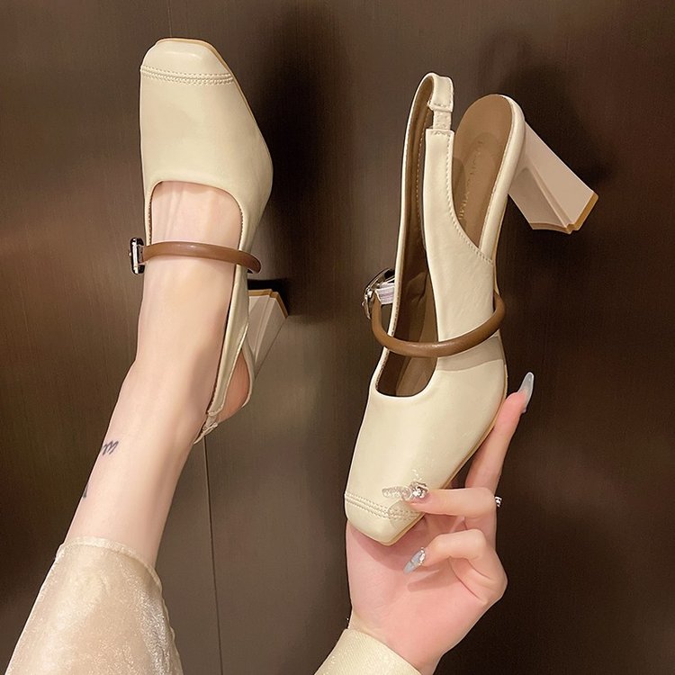 后空凉鞋2025春夏新款女鞋包头粗跟时尚春季高跟鞋一字式扣带夏天