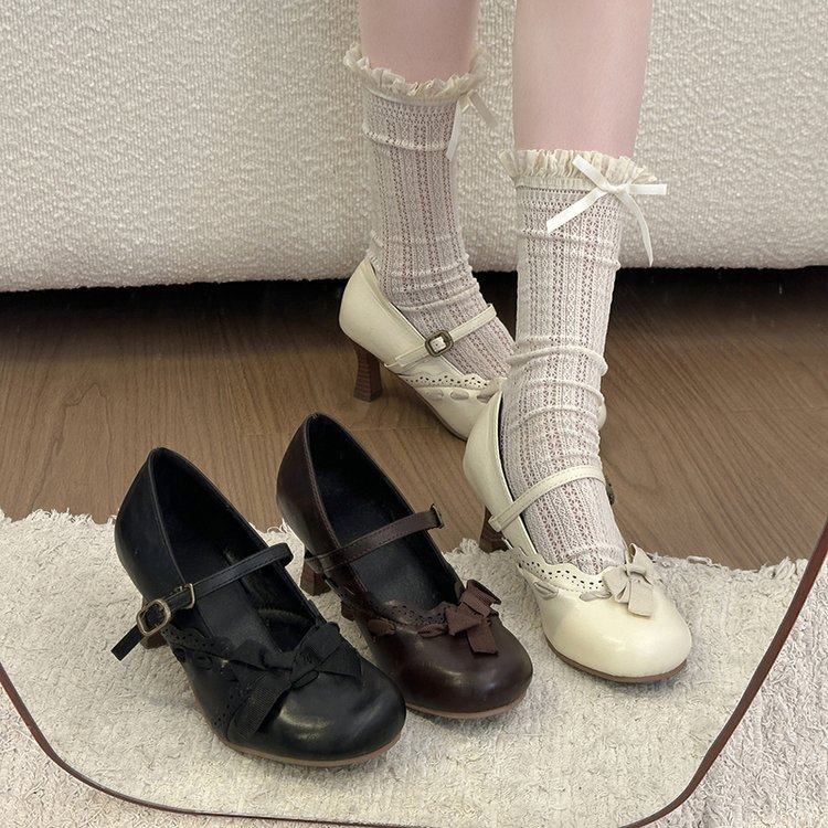 6CM粗高跟蝴蝶结玛丽珍鞋女2026春季新款复古洛丽塔一字带单鞋子