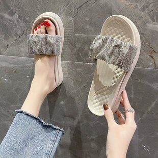 ins潮厚底松糕设计师款 女夏外穿时尚 软底水钻凉拖 2025年新款 拖鞋