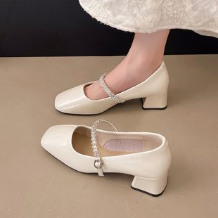 法式银色晚晚风玛丽珍鞋女2025夏季新款春秋配裙子高跟鞋粗跟单鞋