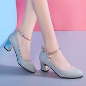 单鞋 水晶高跟鞋 女银色圆头粗跟中跟5cm礼服伴娘婚鞋 一字扣带宴会