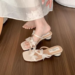 女款 夏季 一字带凉鞋 2025新款 外穿甜美配裙子仙女风法式 粗跟高跟鞋