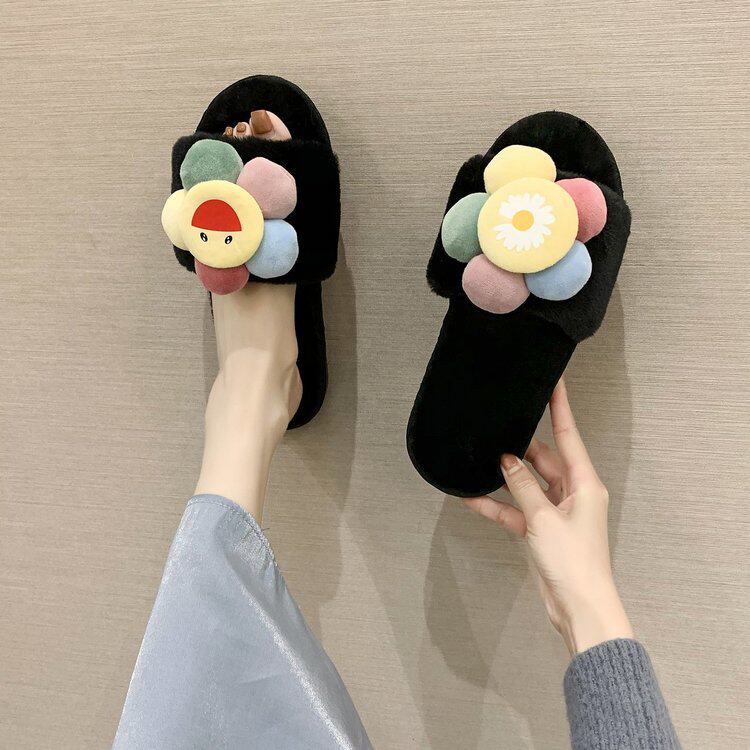 可爱花朵平底平跟室内居家鞋防滑百搭毛毛鞋网红时尚一字棉拖鞋冬