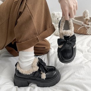 加绒保暖乐福鞋女2025年冬季新款厚底毛毛鞋棉鞋增高小个子小皮鞋