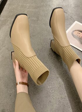 大码女鞋41一43脚宽胖妹妹方头加绒英伦风复古网红瘦瘦短靴女靴40