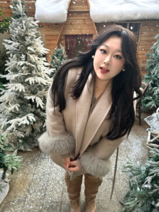 口可拆卸真狐狸毛 大衣袖 大码 冬240斤贵气御姐绵羊毛双面呢中长款