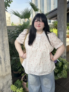 大码夏季日系古早娃娃领短袖衬衫泡泡袖双色衬衣少女感韩系上衣