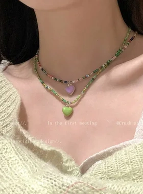 百搭甜美项链串珠锁骨链爱心气质森系可爱糖果色