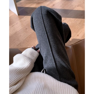 子 女秋冬加绒宽松显瘦灰色休闲裤 200斤大码 胖mm人字纹毛呢阔腿裤