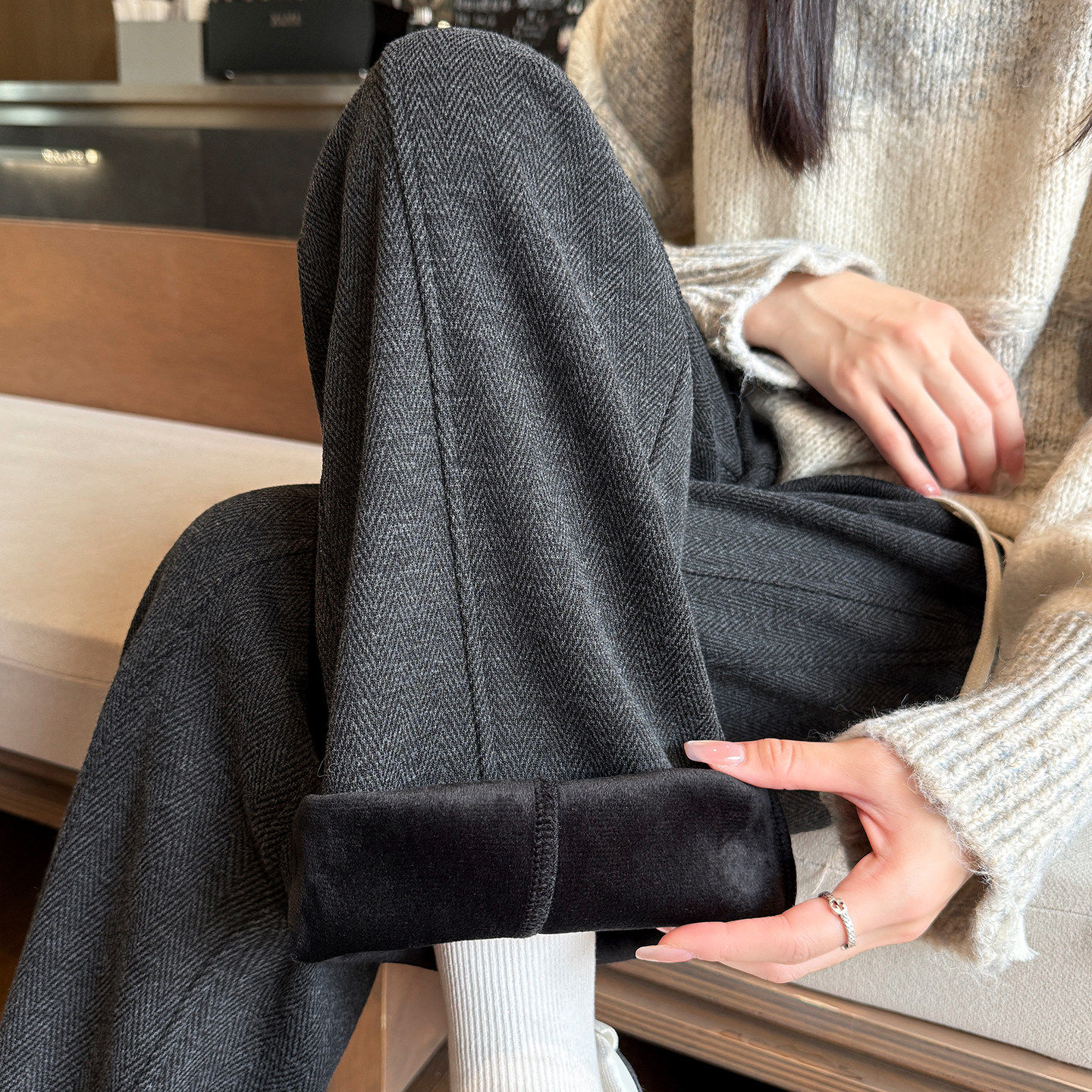 200斤大码胖mm人字纹毛呢阔腿裤女冬季加绒加厚宽松显瘦直筒裤子,女装/女士精品,大码裤装,淘宝优惠券,粉丝福利购,淘宝优惠卷