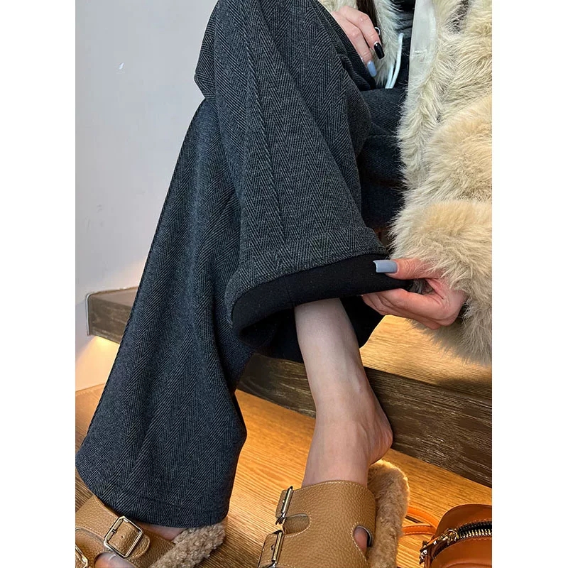 大码胖mm人字纹毛呢阔腿裤女秋冬