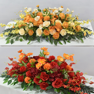 高档商务会议室长形桌花餐桌桌面装饰假花花艺酒店宴会布置仿真花