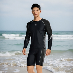男士黑色泳衣套装速干防尴尬分体长袖防晒游泳衣男款青少年冲浪服