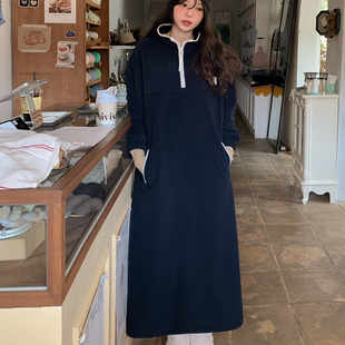 时尚 韩国大码 新品 胖mm秋装 拉链半开襟立领宽松休闲连衣裙1219 女装