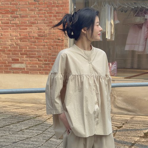 韩国特大码女装胖mm春装新品靓丽纯色小立领宽松长袖时尚衬衫330