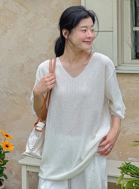 韩国特大码女装胖mm夏装新品时尚纯色V领宽松舒适短袖针织T恤710