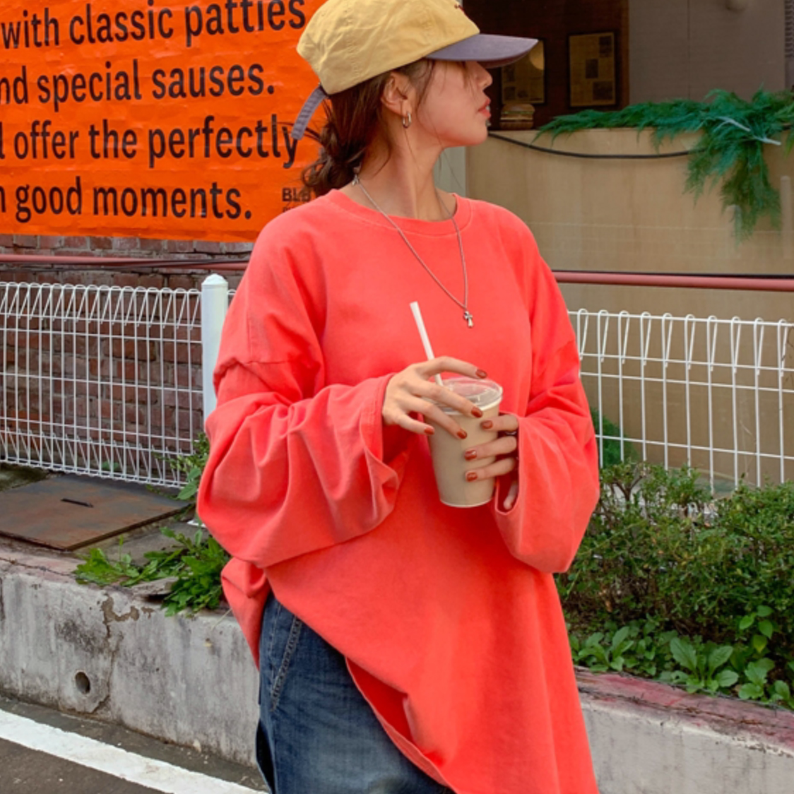 韩国特大码女装胖mm秋装新品时尚纯色圆领侧开叉宽松长袖T恤1023