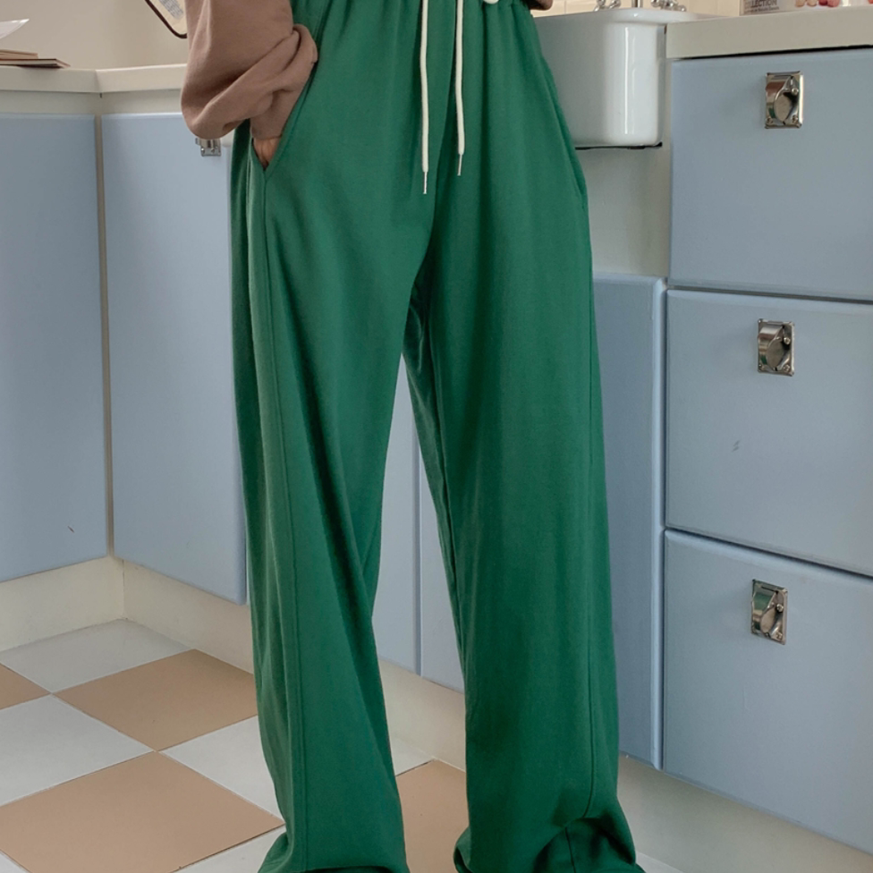 韩国大码女装胖mm秋装新品时尚纯色系带松紧腰宽松直筒休闲裤1023