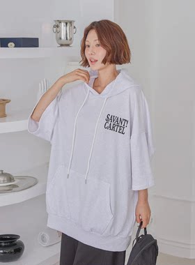 韩国大码女装胖mm夏装新品时尚字母图案拉绳连帽宽松短袖卫衣620