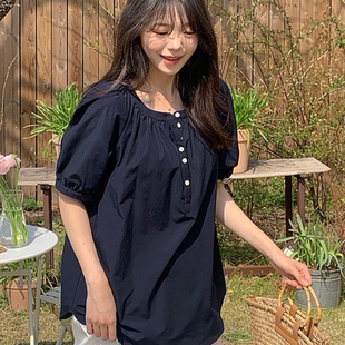 女装 新品 韩国特大码 胖mm夏装 517 靓丽纯色半开襟圆领甜美短袖 衬衫