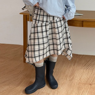 韩国代购大码女装胖mm春装新品靓丽格纹斜边松紧腰A字裙半裙0302