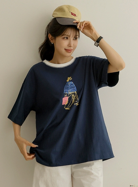韩国代购特大码女装胖mm夏装新品可爱卡通女孩图案短袖休闲T恤718