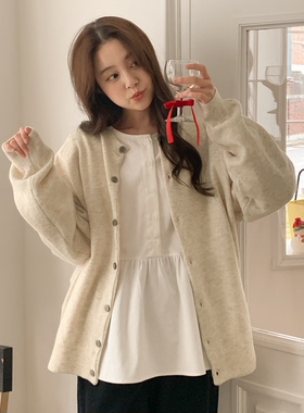 韩国大码女装胖mm冬装新品时尚纯色圆领宽松舒适长袖针织开衫0110