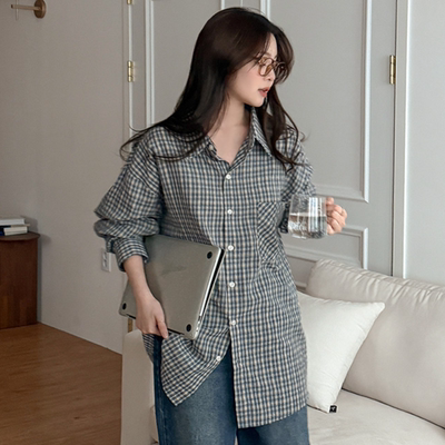 韩国代购大码女装胖mm春装新品时尚小格子单口袋长袖休闲衬衫0115
