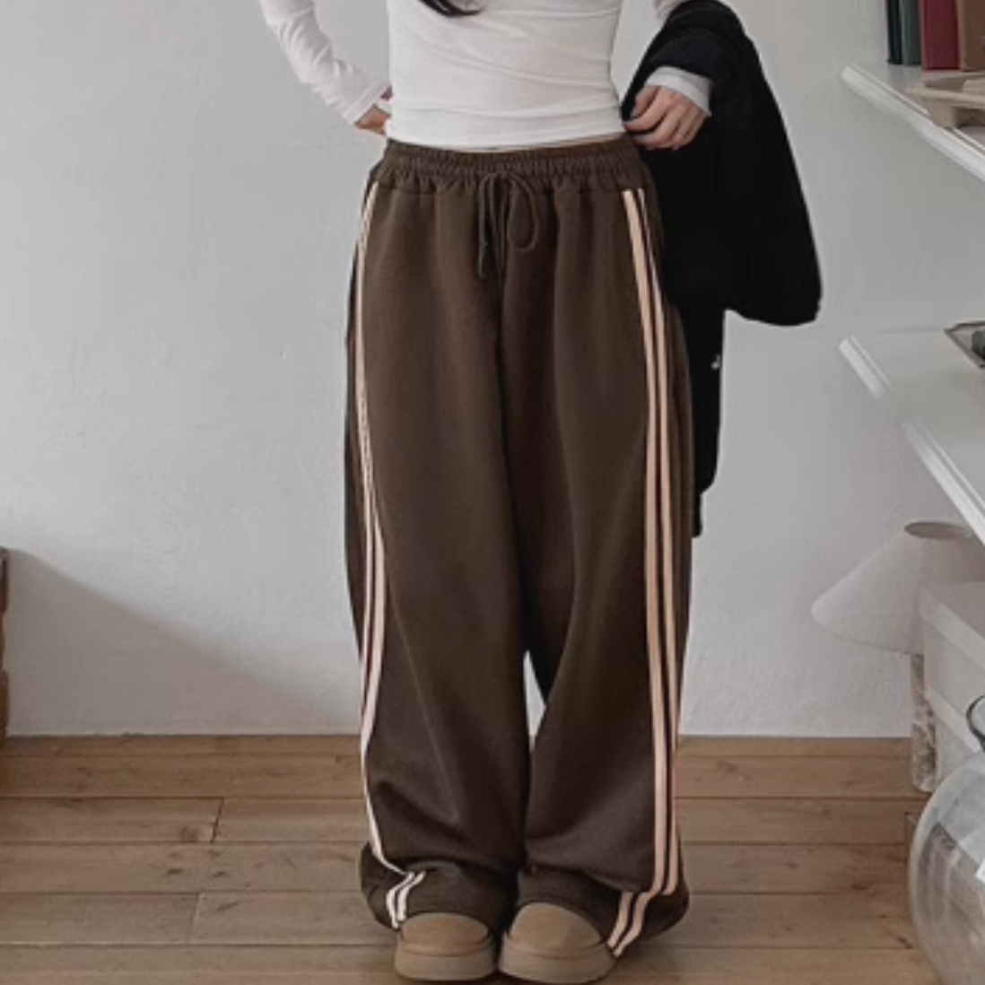 韩国代购大码女装胖mm冬装新品时尚条纹中缝松紧腰加绒休闲裤1215