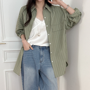 胖mm春装 女装 新品 时尚 0319 韩国代购 竖条纹假口袋宽松休闲衬衫 大码