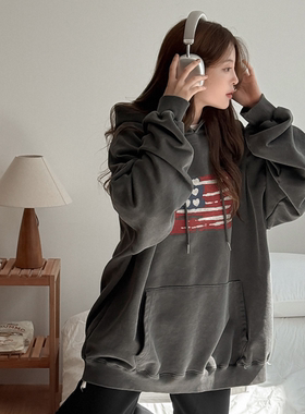 韩国代购大码女装胖mm秋装新品时尚卡通旗帜图案连帽休闲卫衣905