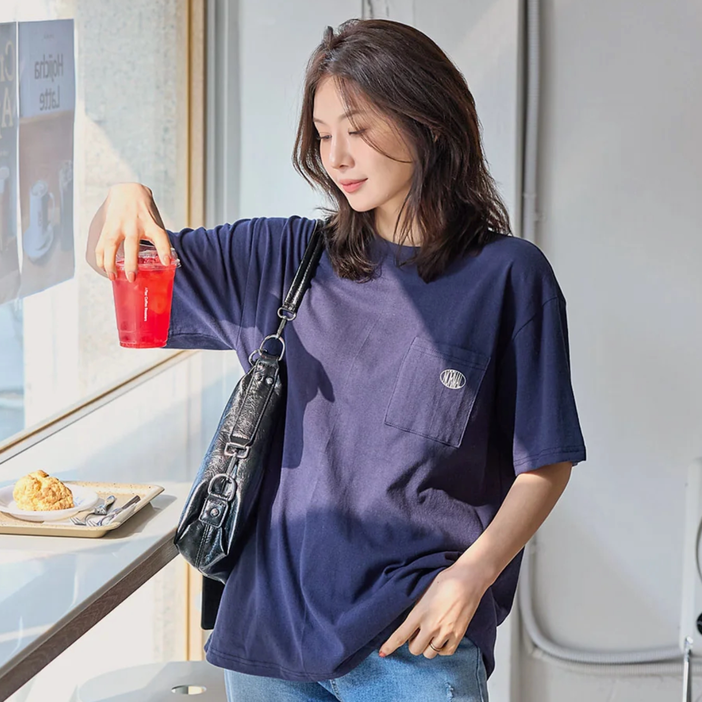 韩国大码女装胖mm夏装新品时尚小字母图案口袋宽松短袖休闲T恤414