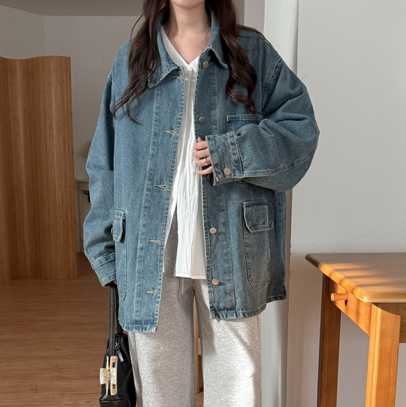 韩国特大码女装胖mm春装新品时尚纯色大口袋宽松长袖牛仔外套0124,女装/女士精品,常规大码外套,淘宝优惠券,粉丝福利购,淘宝优惠卷