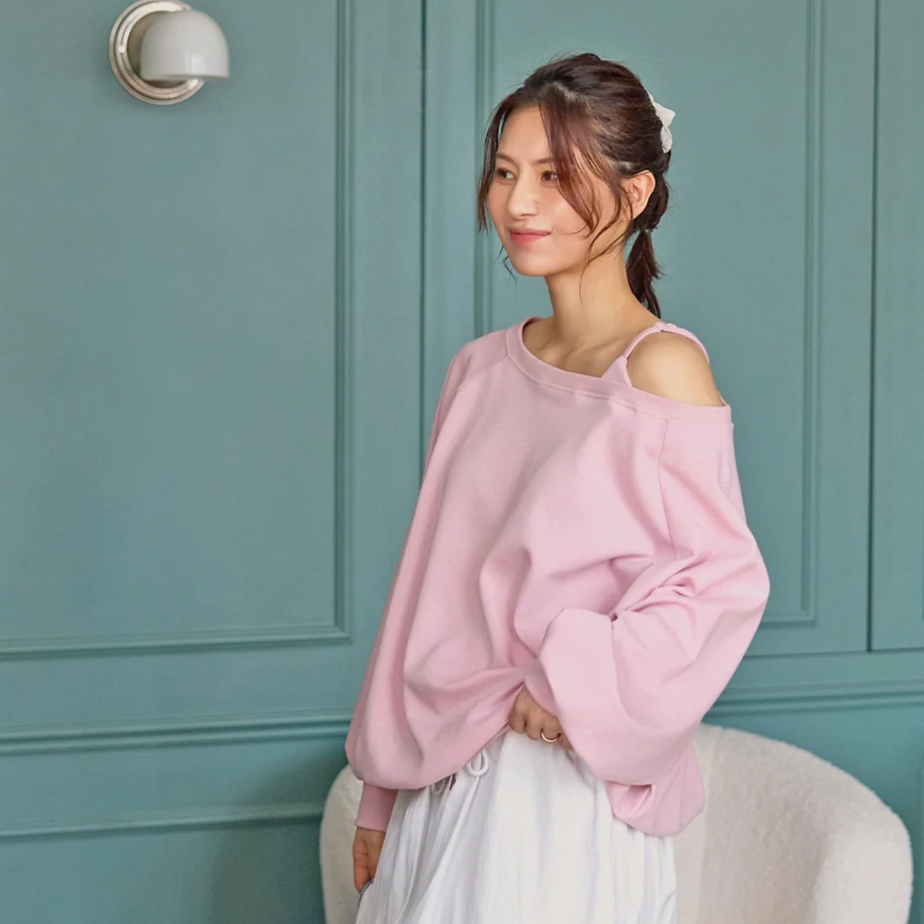 韩国特大码女装胖mm春装新品靓丽纯色侧露肩宽松长袖休闲卫衣0306