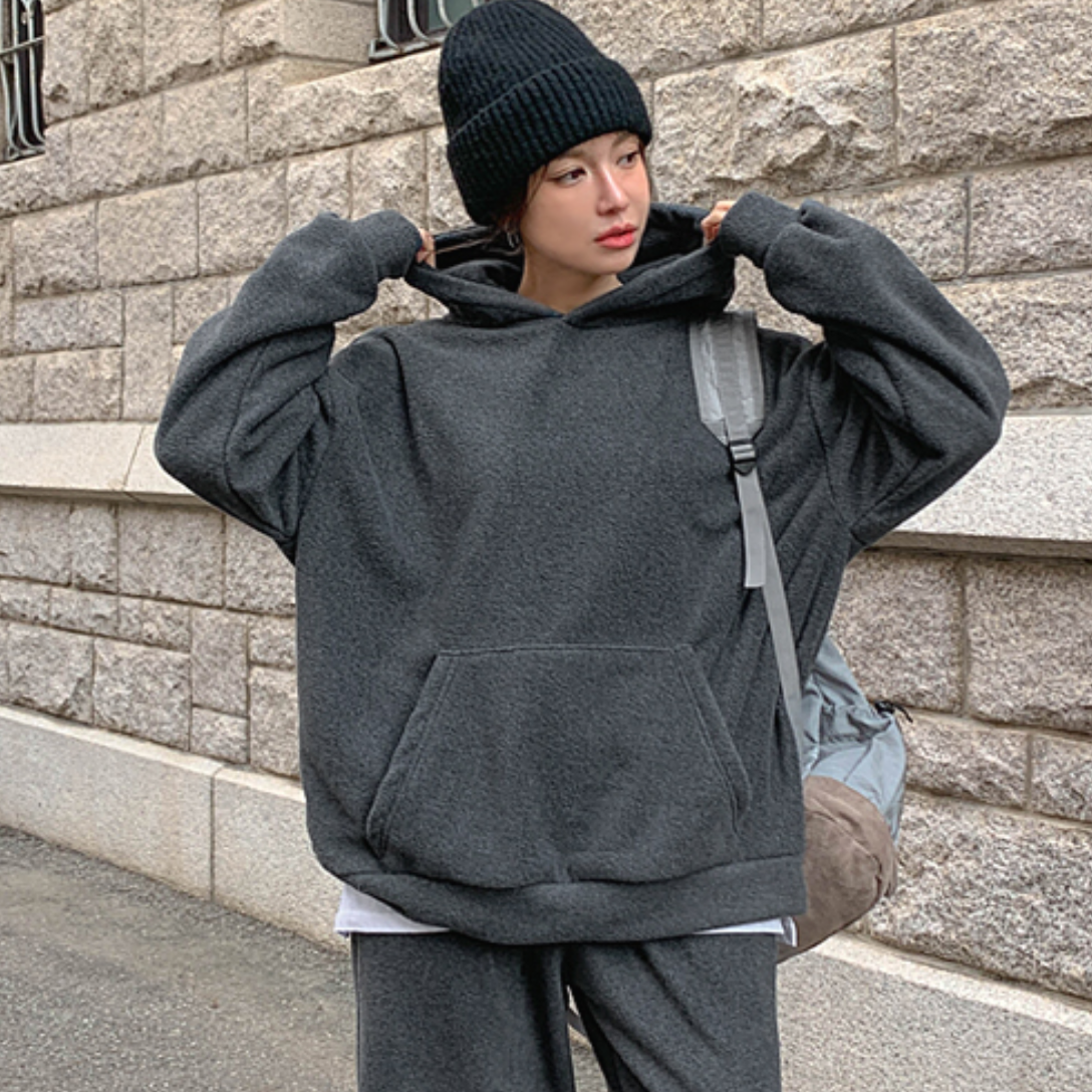 韩国代购大码女装胖mm冬装新品时尚纯色加绒宽松长袖连帽卫衣1207