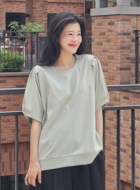 韩国特大码女装胖mm夏装新品时尚纯色拼接圆领宽松短袖休闲T恤716