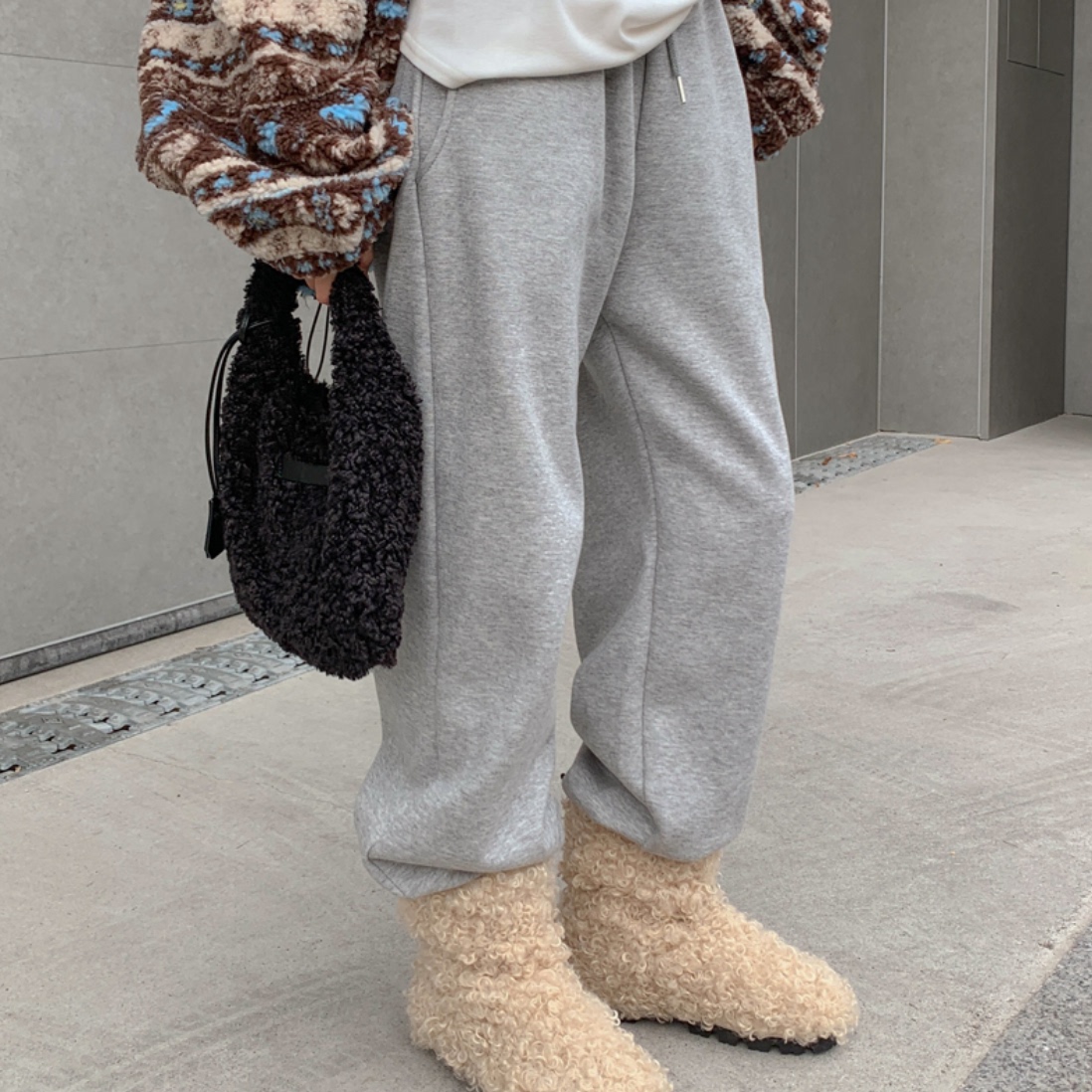 韩国代购大码女装胖mm冬装新品时尚纯色系带松紧腰薄绒休闲裤1218