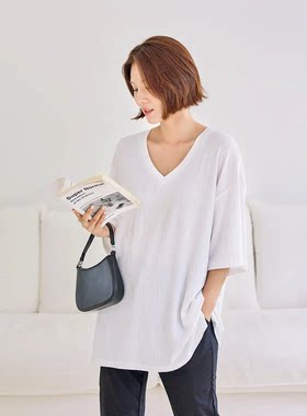 韩国代购特大码女装胖mm夏装新品靓丽纯色V领宽松短袖时尚T恤728