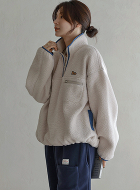 韩国大码女装胖mm冬装新品时尚拉链立领舒适毛绒宽松休闲卫衣1222