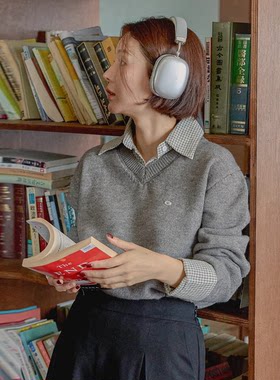 韩国特大码女装胖mm秋装新品甜美格纹拼接假两件宽松针织毛衣1013