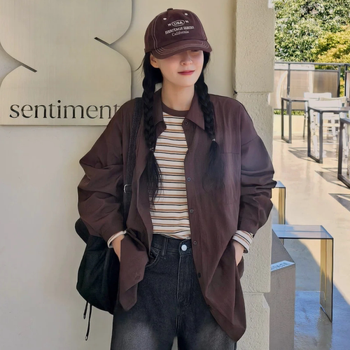 韩国代购大码女装胖mm秋装新品时尚纯色翻领宽松长袖休闲衬衫1004